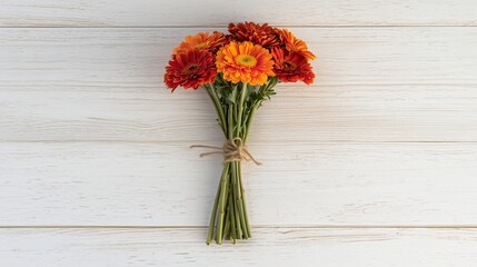 Wall Mural - A vibrant bouquet of orange and yellow flowers tied with twine on a wooden background.