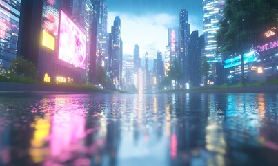 Poster - A futuristic cityscape reflects brightly on wet streets, illuminated by neon lights and large billboards, creating a vibrant and immersive atmosphere.