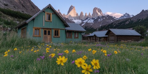 Canvas Print - Picturesque Mountain Cabin with Vibrant Wildflowers and Majestic Peaks in the Background Perfect for Nature Escape Photography Hiking Travel Adventure