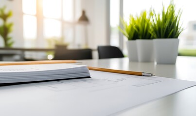 Poster - A bright, modern workspace featuring a notebook, pencil, and potted plants, creating an inviting atmosphere for productivity.