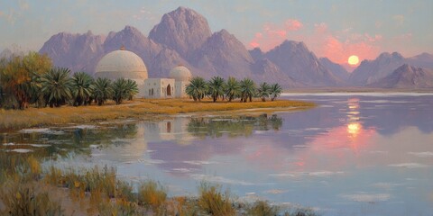 Wall Mural - Scenic Mountain Sunset Reflection with Dome Structures, Tranquil Lake, Palm Trees, Natural Landscape, Idyllic Horizon, Serene Water View, Artistic Evening Glow