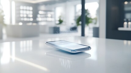Leinwandbilder - A sleek smartphone levitates on a modern table in a bright, stylish interior, emphasizing technology and design.