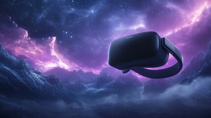 Aufkleber - A sleek virtual reality headset floats against a cosmic backdrop of vibrant purple and blue hues, suggesting an immersive experience in a fantastical realm.