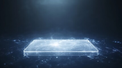 Poster - A glowing, translucent rectangular platform surrounded by shimmering particles in a dark background, evoking a futuristic or digital theme.