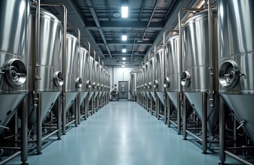 Industrial interior shows rows of shiny stainless steel tanks. Modern equipment for liquid processing visible in factory. Production line in brewery winery. Industrial metal tanks in tech modern