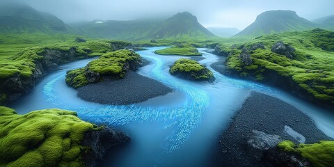 Wall Mural - Majestic Curved Blue River in Misty Green Mountain Valley Nature Scene with Lush Vegetation and Foggy Landscape, Ideal for Scenic Photography Enthusiasts