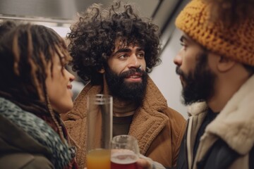 Wall Mural - Group of friends having fun together on the subway, drinking beer and talking