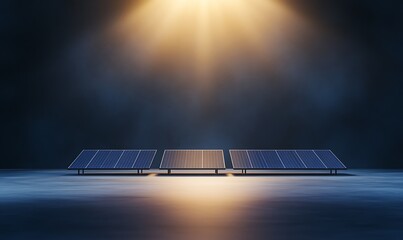 Poster - Solar panels illuminated by a dramatic light source on a dark background.