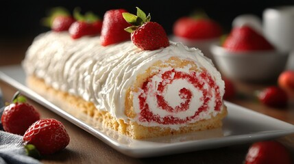 Wall Mural - A beautifully decorated strawberry roll cake topped with fresh strawberries.