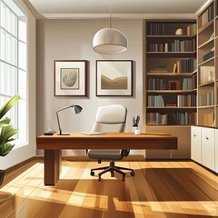 Wall Mural - Sunlit home office with desk, chair, bookcase, and artwork.