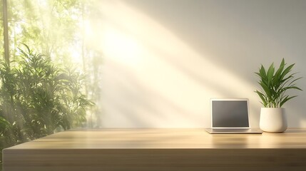 Poster - Serene workspace with a laptop and a potted plant, illuminated by soft natural light.