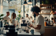 © Valeriia - a barista grinding fresh coffee beans in a bustling cafe, surrounded by customers enjoying their drinks. concept of craftsmanship, hospitality, and cafe culture.