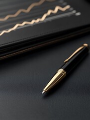 Poster - Elegant pen resting on a sleek surface, accompanied by a financial graph in the background.
