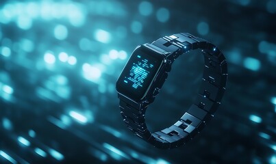 Aufkleber - Futuristic digital watch floating in a blue glowing environment.