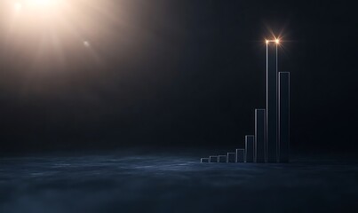 Poster - Futuristic abstract concept with rising metallic bars and glowing lights against a dark background.