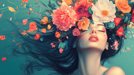 Wall Mural - Whimsical surreal portrait of a woman with flowing hair and floral headdress. Floral Surrealism. Illustration