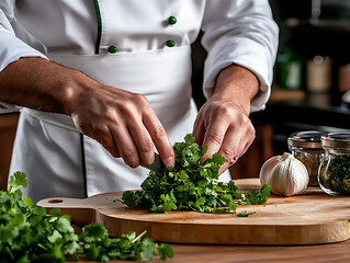 Poster -  a chef chopping cilantro with precision