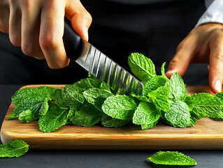 Poster -  a chef chopping mint leaves with precision