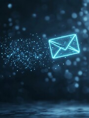 Fototapete - Digital envelope icon surrounded by glowing particles on a dark background.