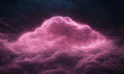 Fototapete - A vibrant pink cloud surrounded by a dark backdrop, infused with digital elements and glowing particles.