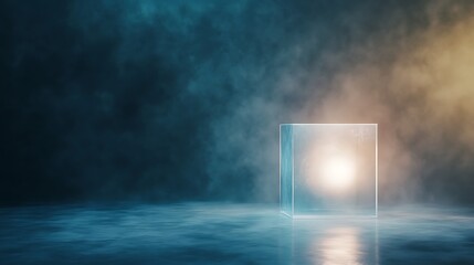 Leinwandbilder - A glowing cube in a misty environment with dynamic lighting effects.