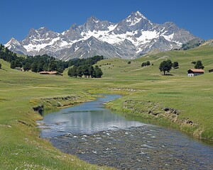 Sticker - Alpine valley with snow-capped mountains, tranquil stream, and rustic houses