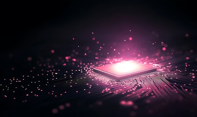 Leinwandbilder - Futuristic microchip glowing amidst digital particles and a dark background.