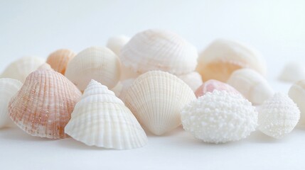 Wall Mural - Seashells on white background, beach summer vacation