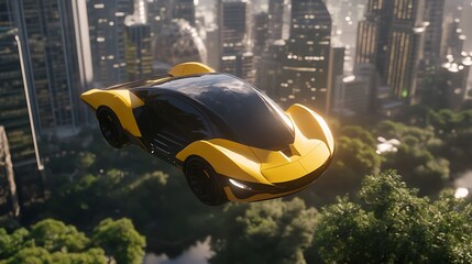 Aufkleber - A futuristic sky taxi hovers over a modern cityscape, blending technology and urban life.