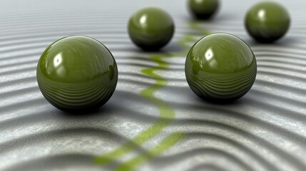 Wall Mural - Abstract design, multiple olive green spheres on a light gray textured surface with subtle wave patterns, soft lighting, and a pale yellow line