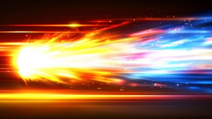 Wall Mural - Abstract digital art depicts a fiery projectile streaking across a dark background, leaving trails of vibrant colors and light effects. The