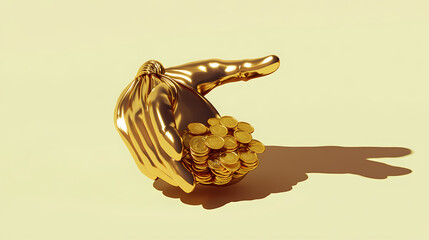 Wall Mural - Monster hand with bag of gold coins made by 3d illustration of a shiny metallic sculpture with the shadow on light background. cartoon and character. Archetypal Characters. Illustration