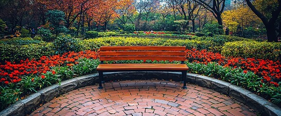 Sticker - Autumn park bench, colorful flowers, brick path. Peaceful scene