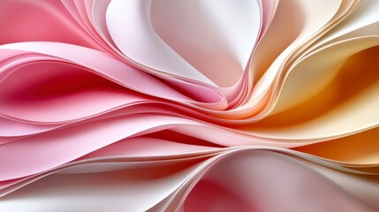 Closeup view of overlapping sheets of multicolored paper, creating a textured, swirling pattern of pinks, oranges, and whites. The paper has a