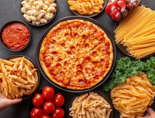 Sticker - High angle view of various pasta dishes and a pizza, including penne, spaghetti, and lasagna noodles, alongside bowls of marinara sauce and cherry