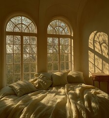 Poster - A softly lit bedroom with beige bedding, large arched windows showcasing trees and sunlight. A warm, calming atmosphere