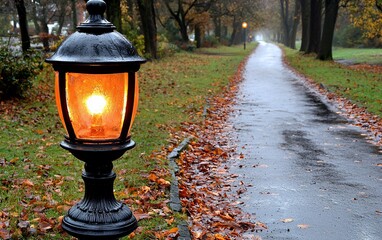 Canvas Print - Autumnal park path lit by lantern, fog. Possible use for nature, fall, parks, landscape, or travel advertising