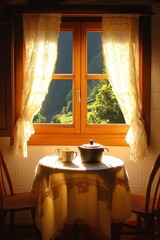 Wall Mural - Cozy interior scene featuring a window, lace curtains, and a table with a teacup and teapot, bathed in warm sunlight. Tranquil and inviting