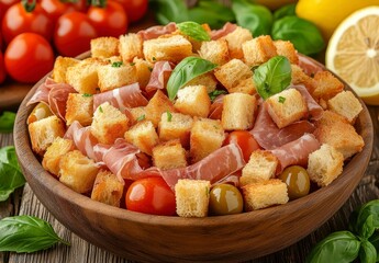 Wall Mural - Closeup view of a dish with toasted croutons, sliced ham, cherry tomatoes, and olives. Fresh basil sprigs are scattered on top