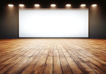 Wall Mural - Empty presentation hall with large blank white presentation screen and wooden floor, spotlights