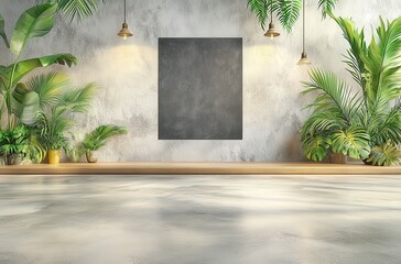 Canvas Print - Empty room with plants, wooden platform, gray concrete floor, and blank dark gray poster on wall, warm lighting, natural and tropical plants, indoor