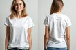 © Vadym - Young woman stands in front of white backdrop. Front, back views of casual white t-shirt shown. Wearing casual blue jeans. Image blank template for printing designs on t-shirts. Photo good for