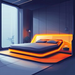 Wall Mural - Futuristic bedroom with illuminated bed, large window, and plants.