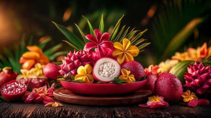 Wall Mural - Close up view of a decorative bowl filled with assorted fruits and flowers, showcasing vibrant colors. The bowl rests on a wooden surface, and