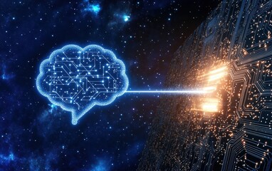 Wall Mural - a starry night sky with a glowing white line connecting two stars, resembling an ai circuit board a 