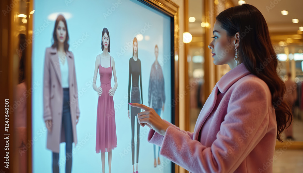 Young woman in pink coat interacts with interactive fashion display ...