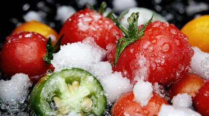 Wall Mural - Frozen tomatoes and jalapenos, close-up shot, food photography