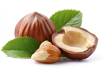 Poster - Close up view of whole and halved nuts with green leaves on white background, showcasing the nut's brown shell, and pale interior, ideal for food or