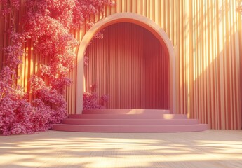 Wall Mural - Pastel pink platform with archway, surrounded by pink flowers and wooden panels, bathed in warm sunlight, creating a serene and inviting atmosphere