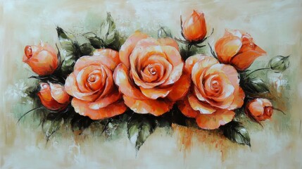 Wall Mural - Peachy orange roses in a bouquet, detailed painting style, light beige background, floral arrangement, soft lighting, textured surface, decorative